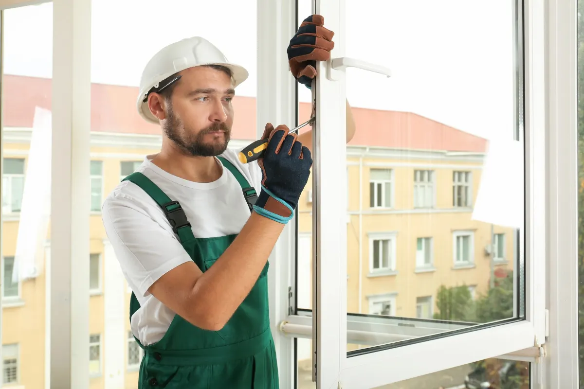 Vitrier ajustant un vitrage neuf sur une fenêtre